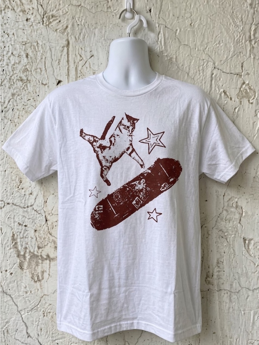 Gildan White Tee with Maroon Skateboard Cat Graphic